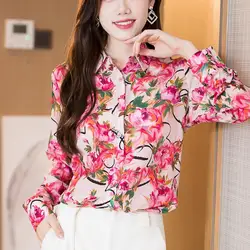 Spring and Autumn Women's Printed Button POLOL Collar Loose Fit Long Sleeve Cardigan Fashion Casual Elegant Commuter Tops