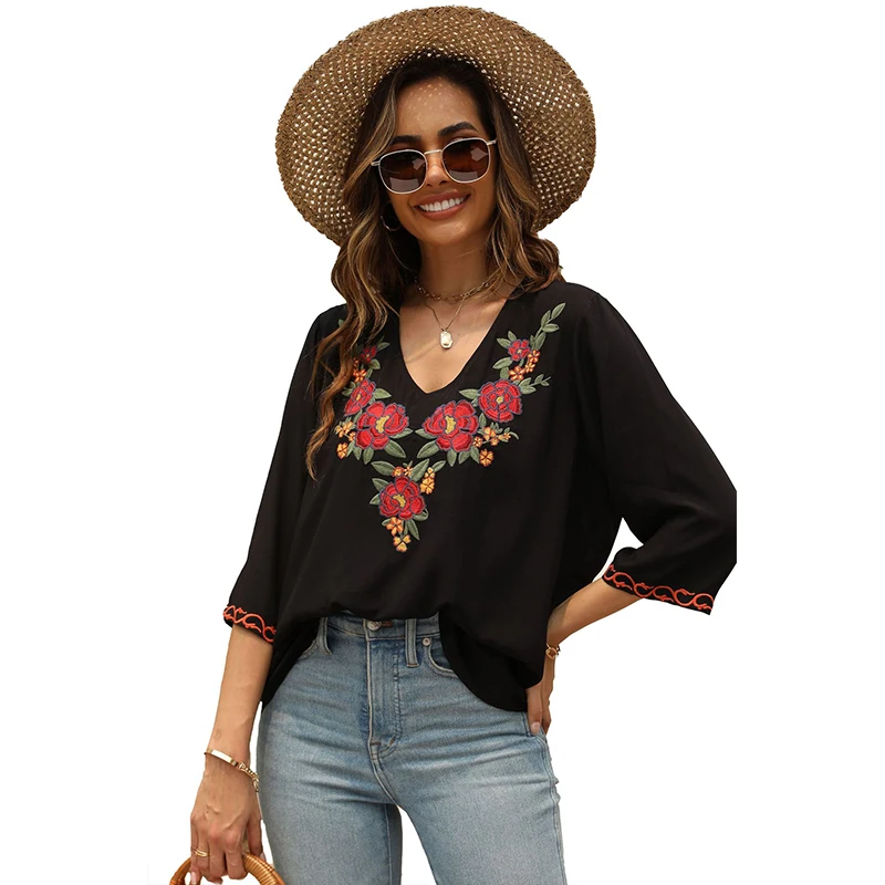 Eaeovni Embroidered Shirts for Women Boho Tops and Blouses 3/4 Sleeve  Bohemian Peasant Summer Fall Tunic Top - AliExpress