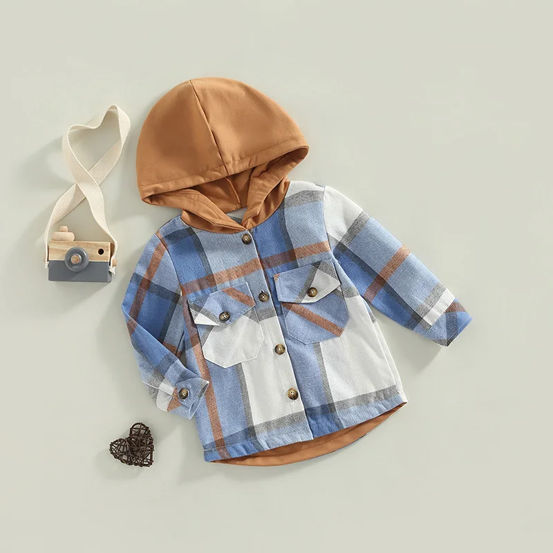 FOCUSNORM 4 Colors 1-6Y Autumn Kids Boys Causal Shirts Coat Plaid Printed Patchwork Long Sleeve Single Breasted Hooded Tops