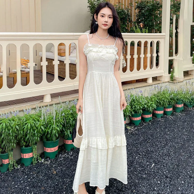 

2024 Summer New Arrival Sling Dresses Women's Fashion Tight Waist Sexy Sweet Medium Long Gentle Seaside Vacation Dress