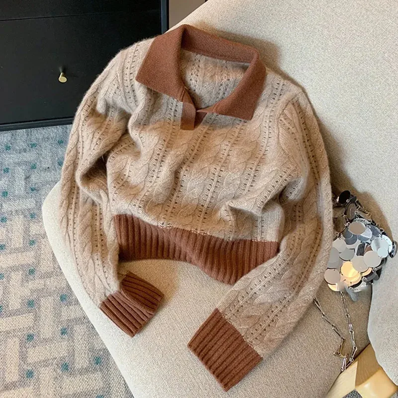 

Винтажный пуловер с вырезами, женский свитер со вставками, цветной вязаный джемпер с отложным воротником, женский свитер, вязаные топы с длинным рукавом