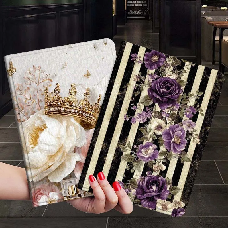 Golden Crown Peony Bloom Tablet Case - Elegant Floral Design