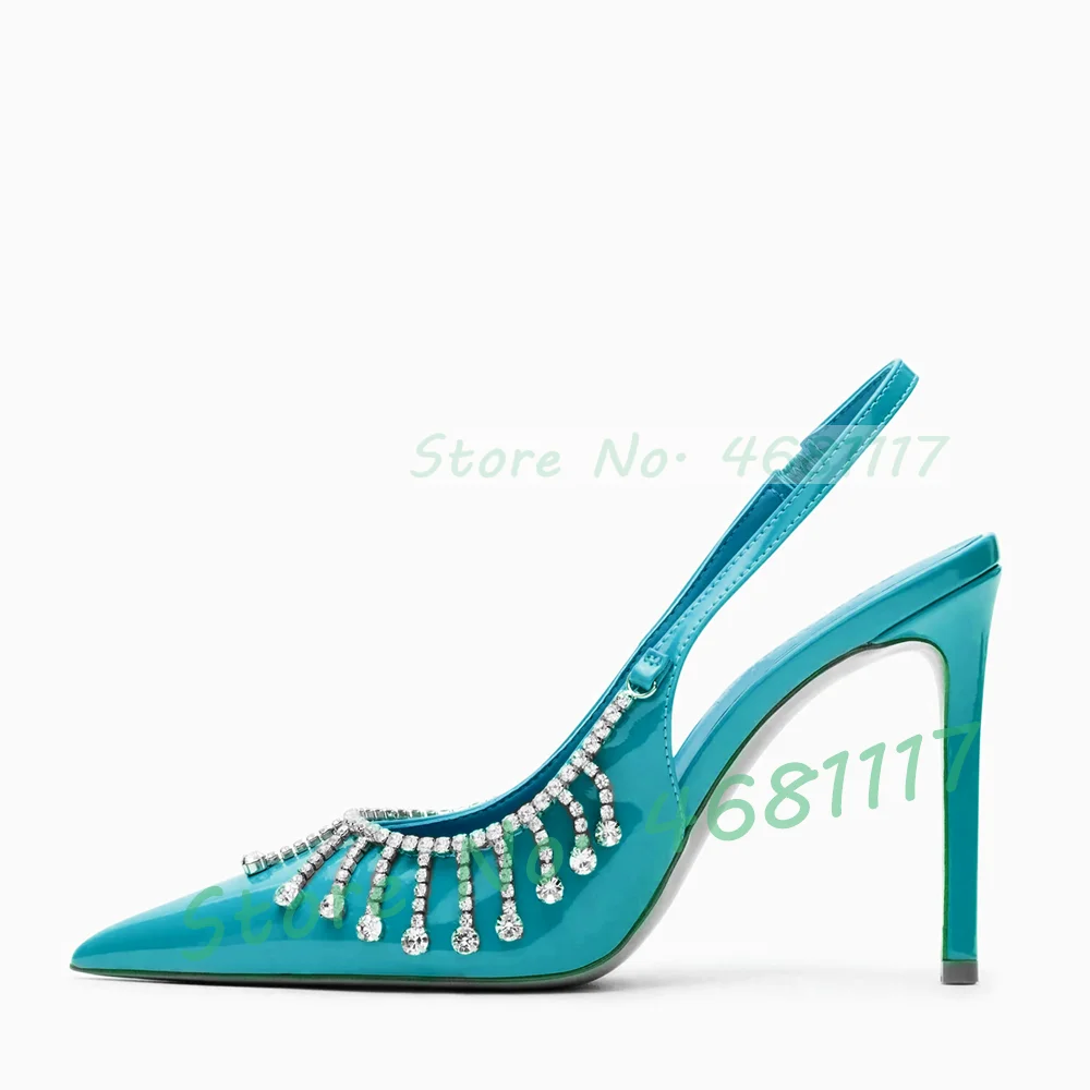 Women Crystal Pendant Tassel Sexy Pointed Sandals Bling Slingback Stiletto High Heels Summer Party Patent Leather Novelty