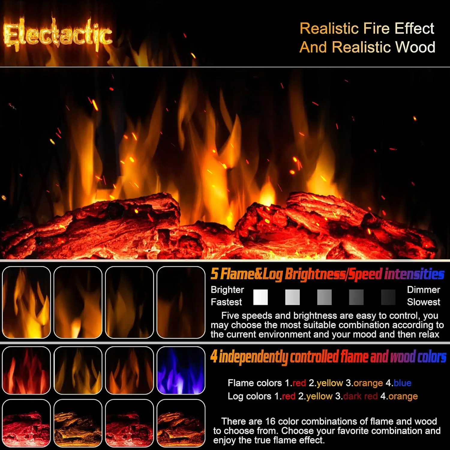 24Inch Electric Fireplace Stove Free-Standing Infrared Fireplace Stove Controllable 3D Flame 4 Variable Flame&Log Colors 3