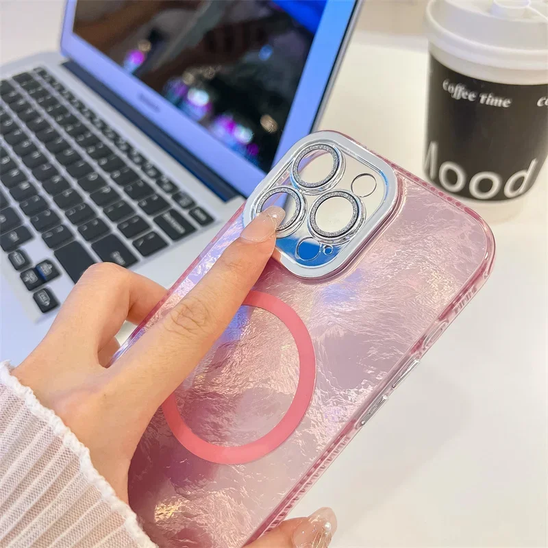 Laser Fold Tinfoil Magnetic Phone Case For iphone 16 Plus 15 14 13 Pro Max For Magsafe Shockproof Hard PC Glitter Back Cover_voghion.com