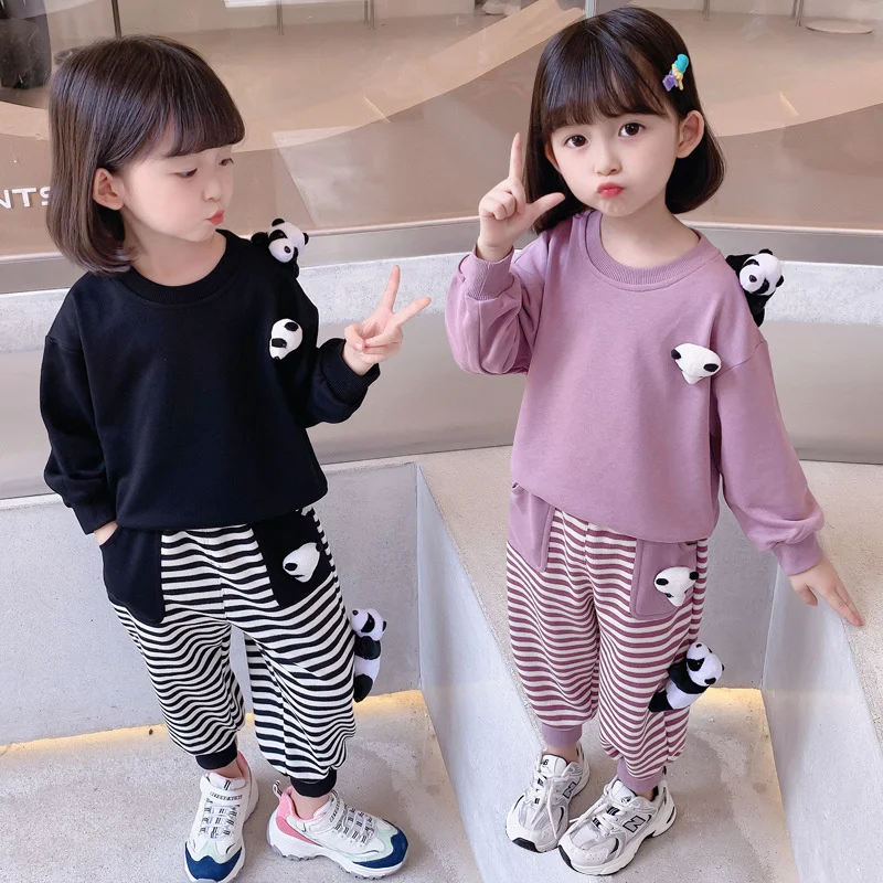 

Girl's Suit New Baby Korean Outfits Panda Style Clothes Children's Spring And Autumn Sports Two Piece Set Girls Solid Striped
