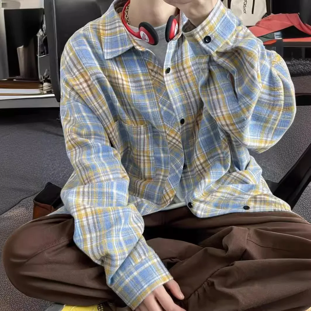 Japan Spring Men's Vintage Summer Tops Blouse Plaid Striped T-Shirts Cardigan Long Sleeve Shirts Coat Streetwear Men Sweatshirts