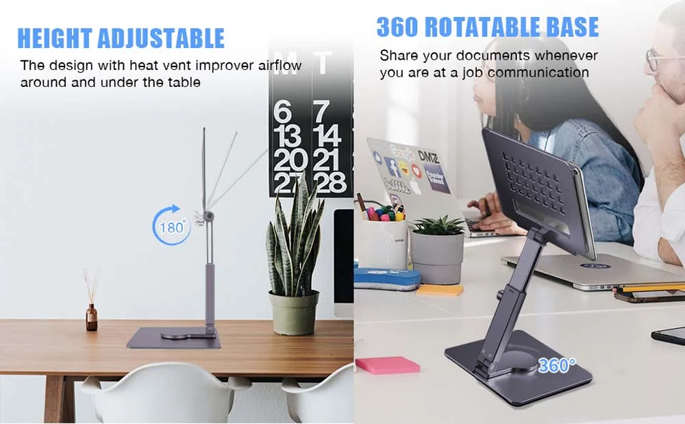 Tablet Stand Aluminum Desk Riser 360&deg; Rotation Multi-Angle Height Adjustable Foldable Holder Dock Xiaomi iPad Tablet Laptop