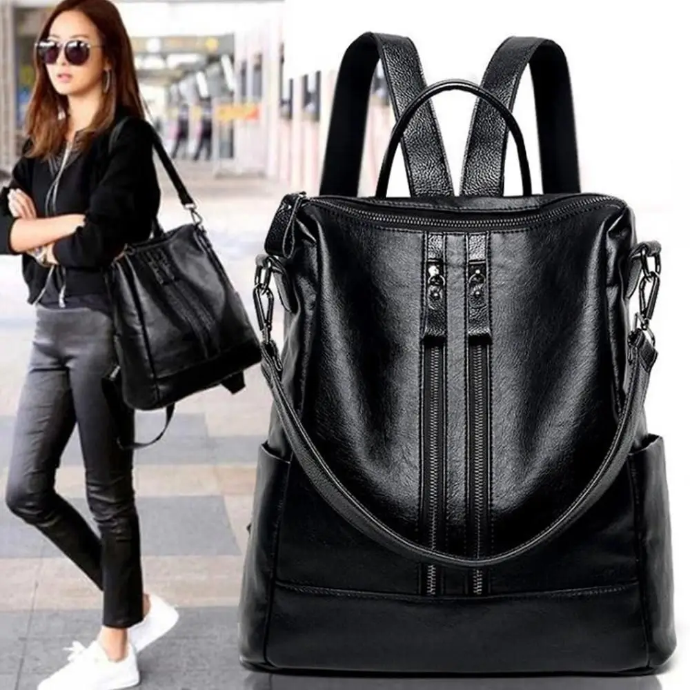 Women Soft School Leather Black Casual Multifunctional College Bag Large Capacity Shoulder Bags Travel Tote Backpack_voghion.com