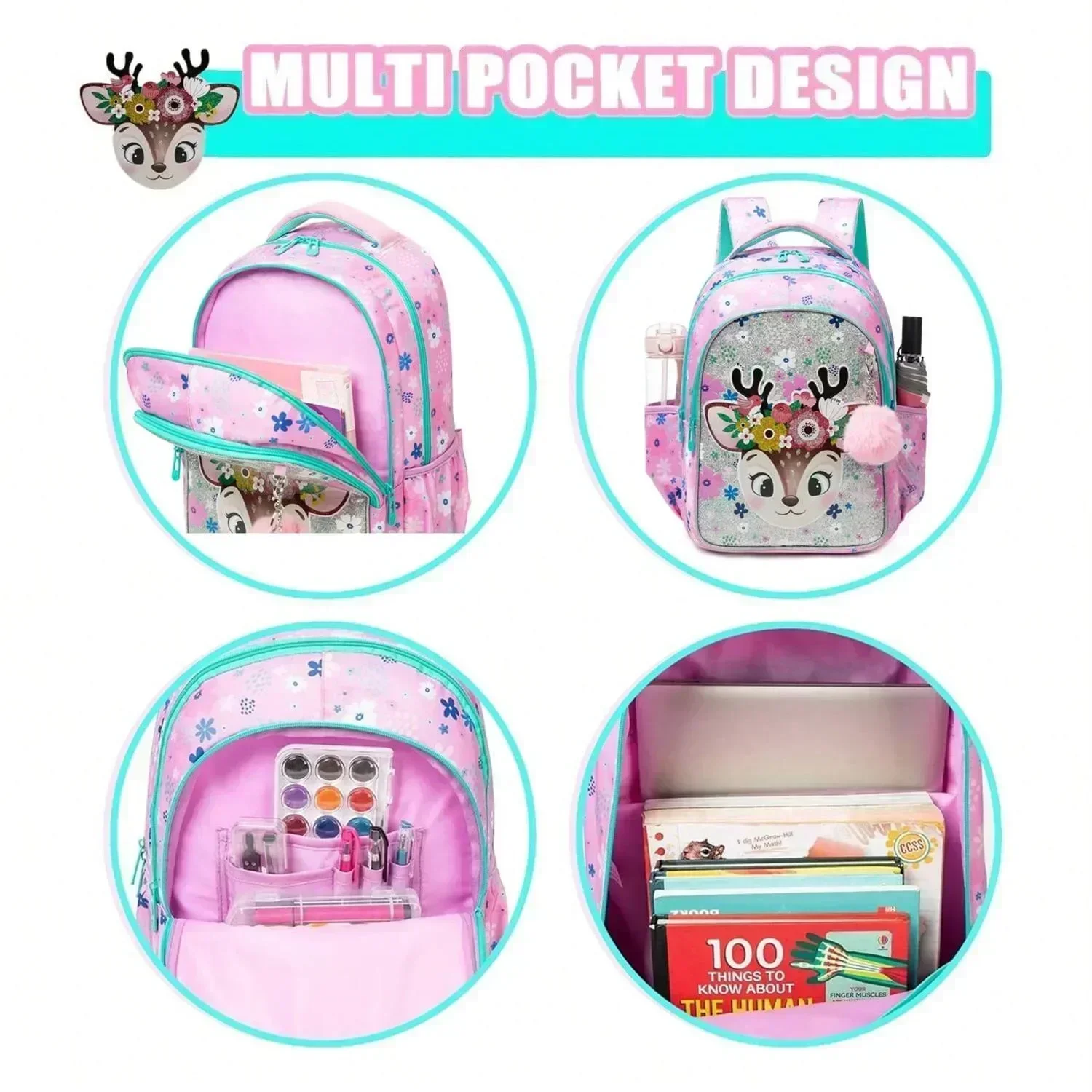 3PCS Cute School Bags for Girls Kids Backpack Set with Lunch Box Pencil Case Back To School Bookbag for Elementary Students 2