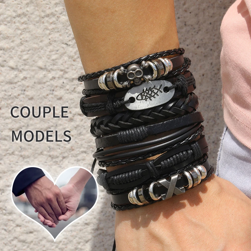 Men Fashion Multi-layer Viking Woven Skull Hand Adjustable Leather Bracelet Set Gifts