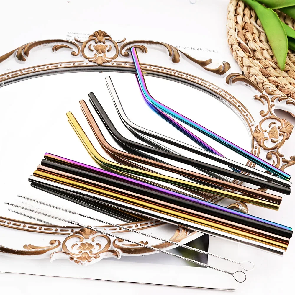 Eco-Friendly Reusable Stainless Steel Drinking Straws Set with Cleaning Brush