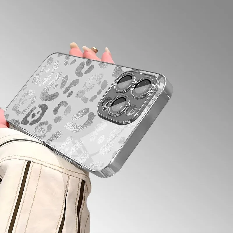 Electroplated Silver Grey Leopard Print Glass Phone Case
