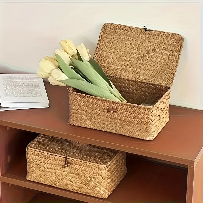 2PCS/Set【S+L】Hand Woven Straw Woven Vintage Storage Rack Basket, Desktop Storage Blue, Handheld Gift Box, Storage Organizers
