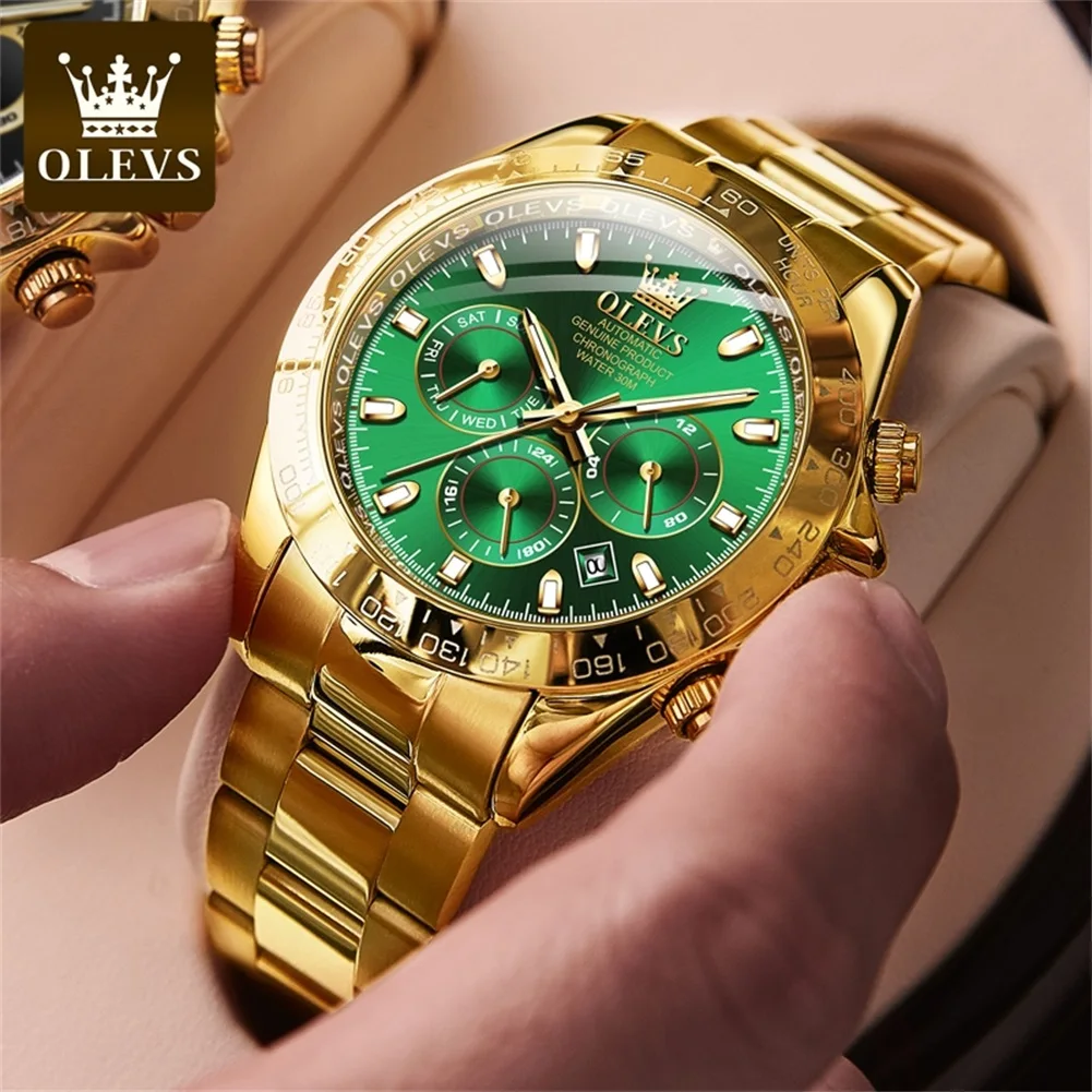 OLEVS Top Brand Men's Gold Green Automatic Mechanical Watch Stainless Steel Strap Waterproof Luminous Luxury Men Wristwatch