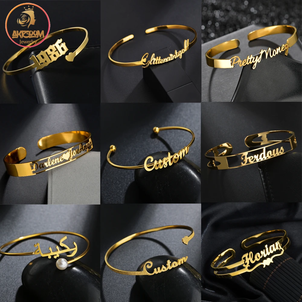 Akizoom Custom Name Bracelets Personalized Stainless Steel Letter Fashion Hand Circle for Women Men Bangles Wedding Jewelry Gift
