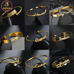 Akizoom Custom Name Bracelets Personalized Stainless Steel Letter Fashion Hand Circle for Women Men Bangles Wedding Jewelry Gift