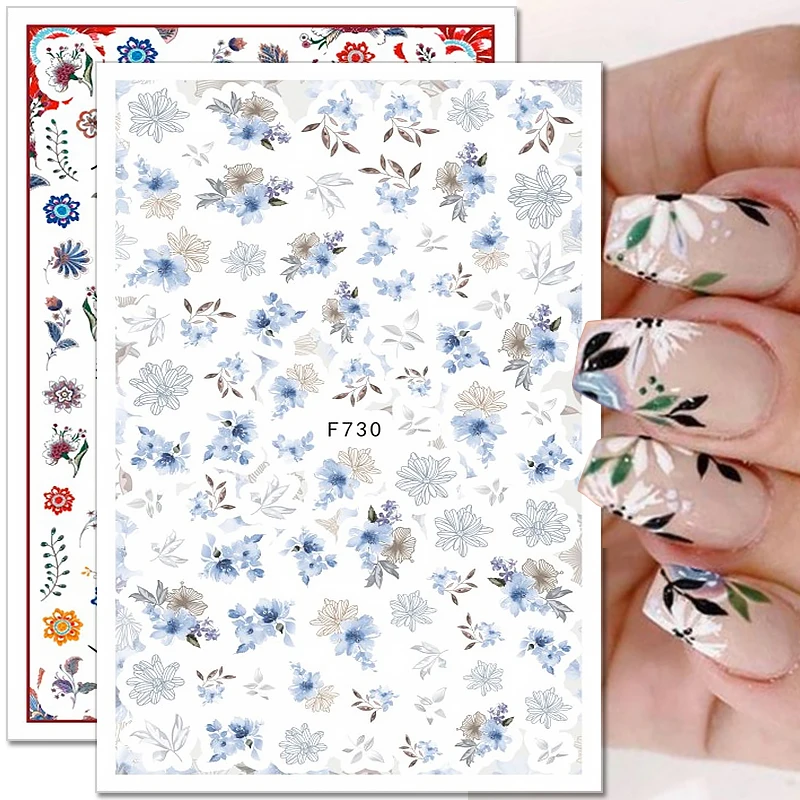 1PCS 3D Blue White Flowers Nail Stickers Nail Decoration Rose Sunflower Stickers  Nail Decals Press on Nails Nail Parts
