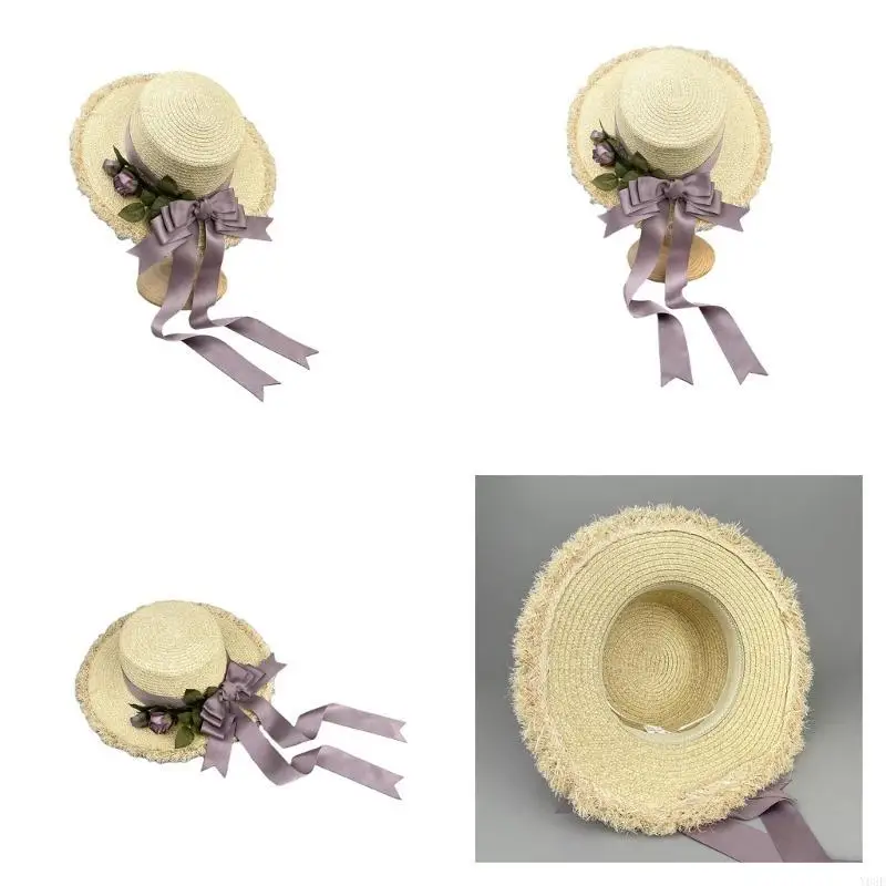 Handgewebte Stroh Sonnenhut für Frauen Dame Sunproof Sommer Strand Kappe Mädchen Vintage Kopfschmuck Fotografie Requisiten – Detail 10