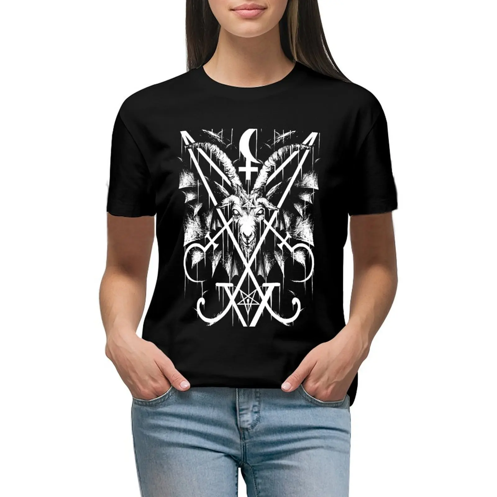 

SIGIL OF LUCIFER AND BAPHOMET T-Shirt sublime customs korean fashion workout shirts for Women loose fit