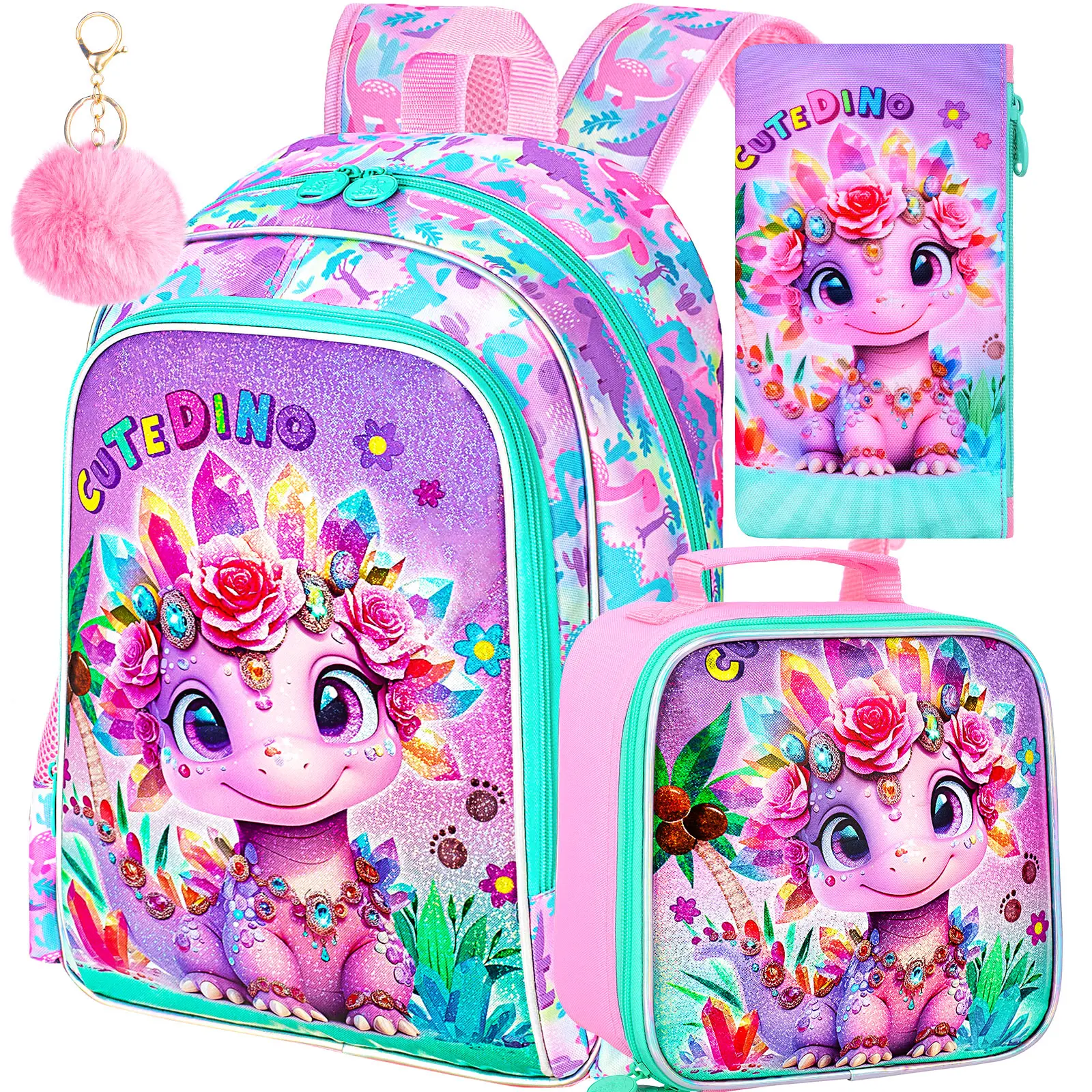 Dinosaur Backpack for Girls,16" Kids Bookbag with Lunch Box，3Pcs School Backpacks for Elementary Preschool Kindergarten (Pink)