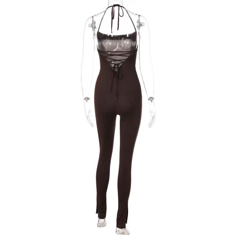 Crystal Off Shoulder Solid Halter Sleeveless Backless Bandage Jumpsuit 2022 Bodycon Fashion Women Sexy Streetwear Party Y2K