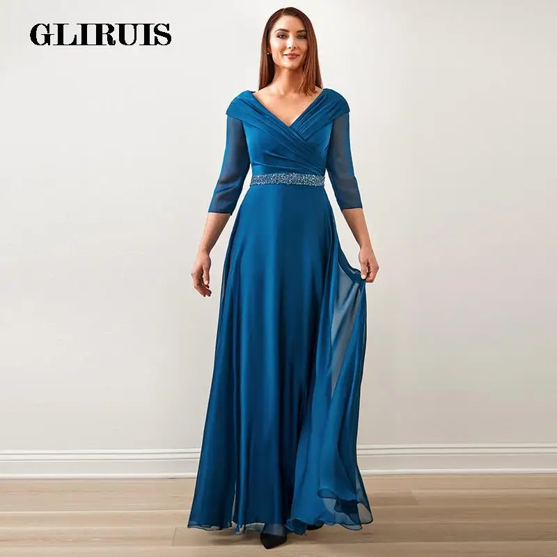 

2022 Teal Blue Mother of the Bride Dresses with 3/4 Sleeves V Neckline Beaded Waist Wedding Party Gowns