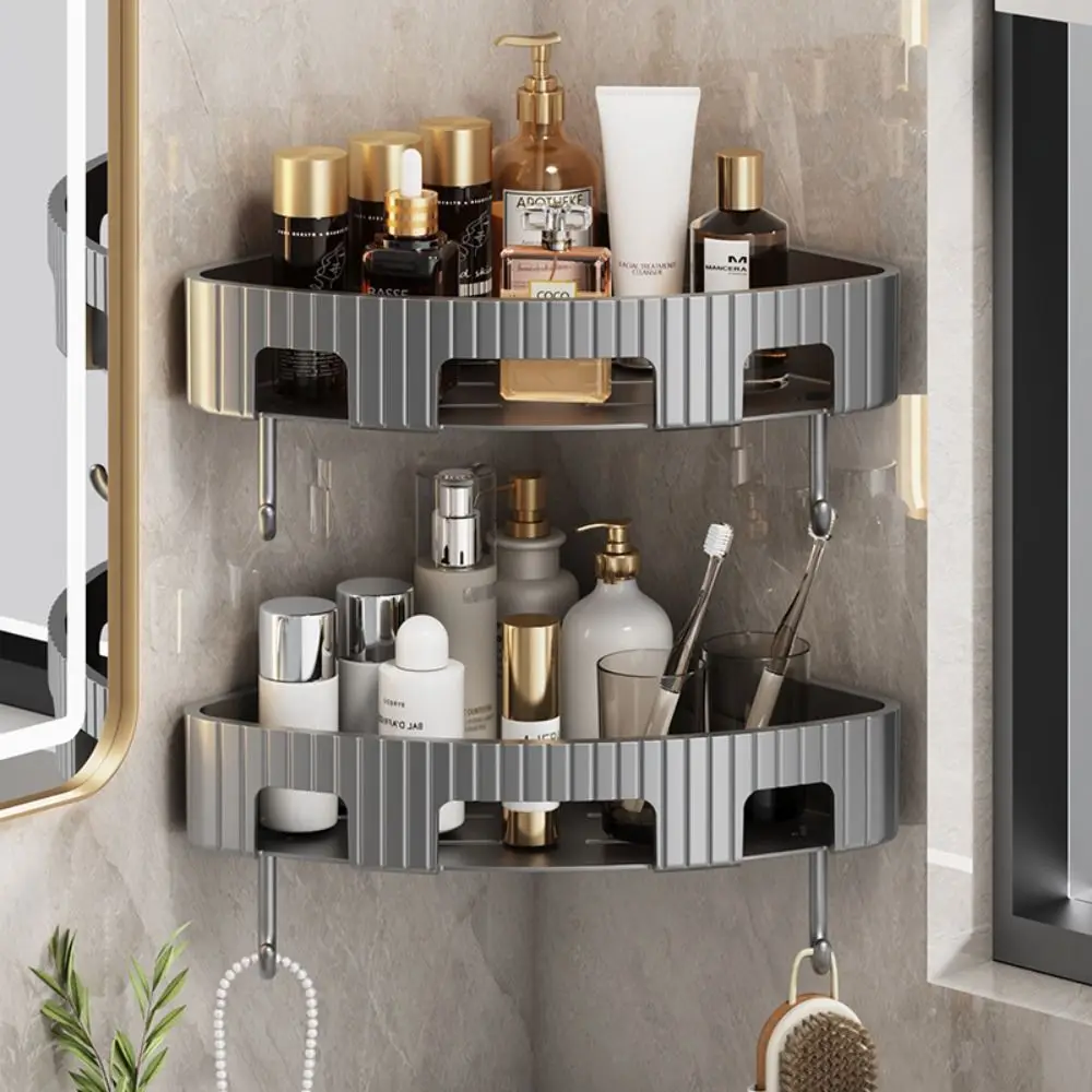 New Plastic Bathroom Storage Rack No Punch Wall Mount Condiment Organizer with Hook Multi-purpose Corner Shelf 3