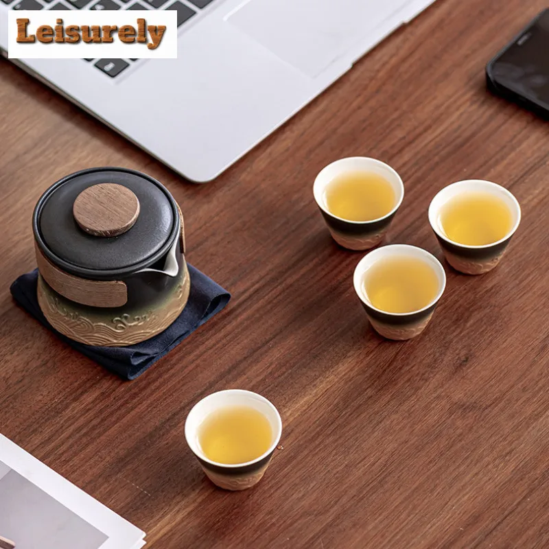 Chinese Wave Hand-held Teapot Tea Set Complete Tea Ceremony Set Teapot And Tea Cup Set Portable Travel Leather Bags Tea Items