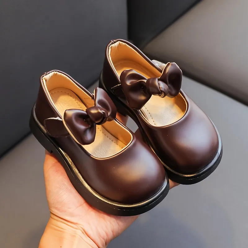 Leather Kids Shoes for Girls with Bow Non Slip Soft Sole