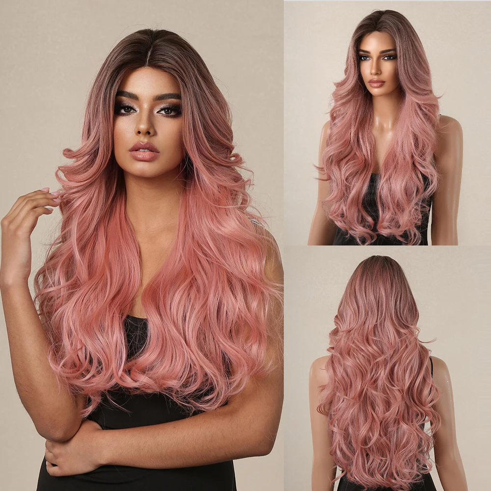 

HAIRCUBE Long Wavy Brown Pink Ombre Synthetic Wigs for Afro Women Natural Curly Hairline Lace Wigs Daily Cosplay Heat Resistant
