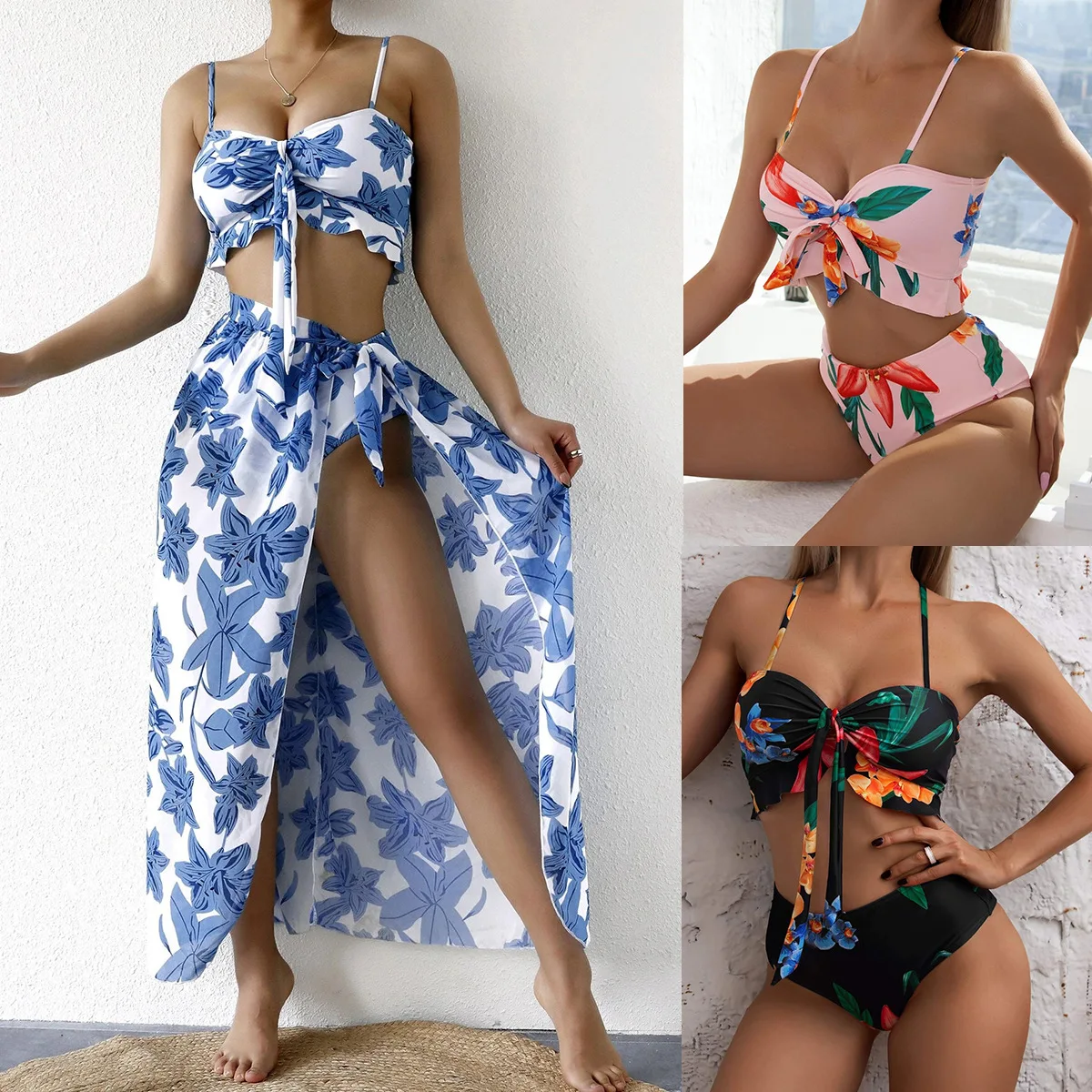 3 Pack Women's Bikini Swimsuit With Sarong Beach Skirt Swimwear 2023 New  Cut Out Push Up Bathing Suit Mujer Swimming Suit - AliExpress