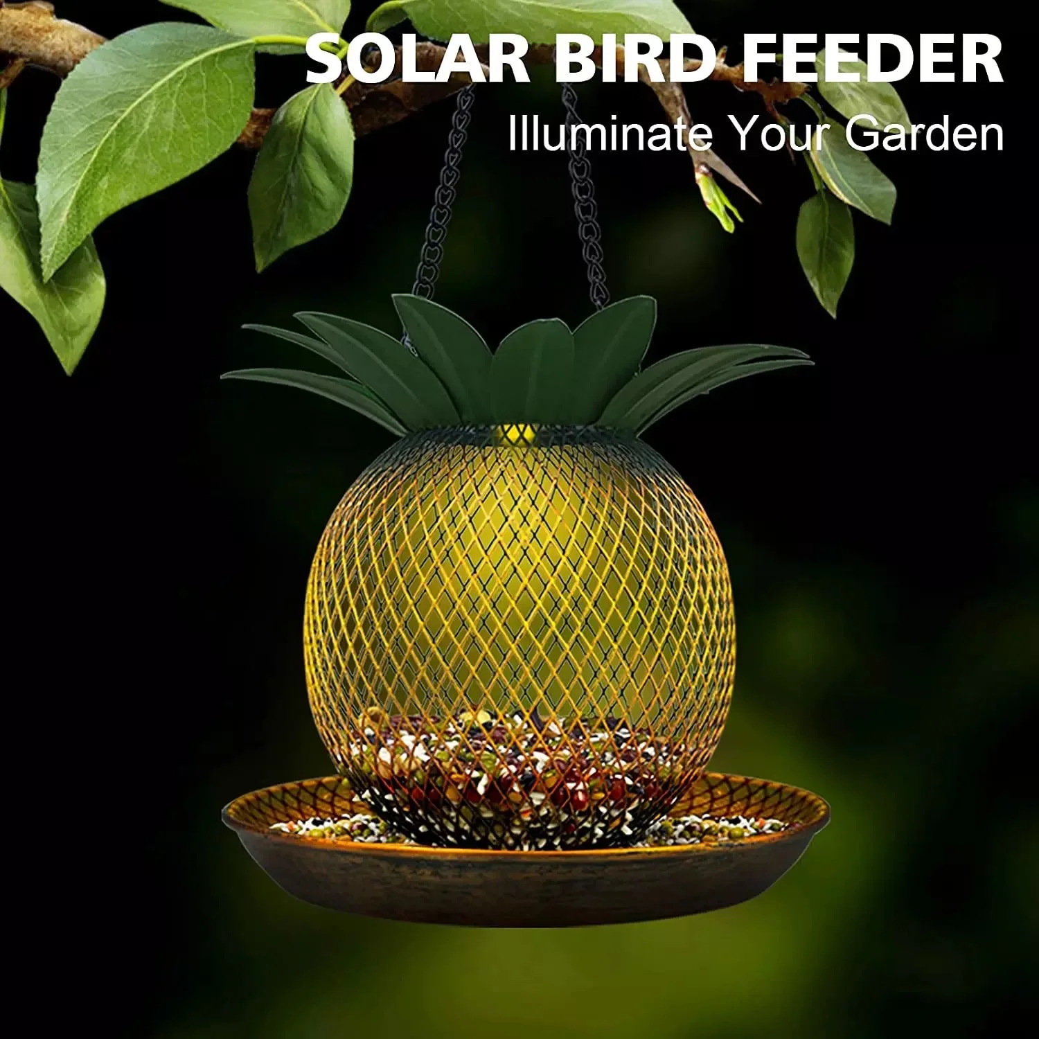Vintage Pineapple Top Fill Mesh Solar Bird Feeder LED for Outdoors Hanging Wild Metal Bird Feeders Yard Garden Decor Gift