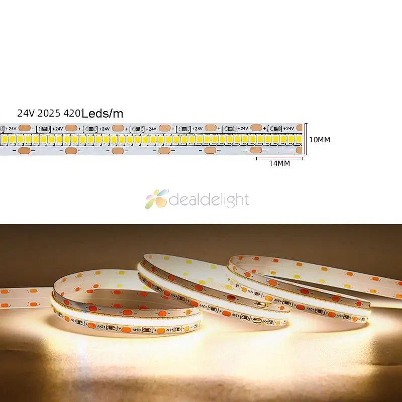 

High Brightness LED Strip 2025 420 LED/meter 2100leds DC24V White / Warm White Flexible LED Tape Light 5m/lot