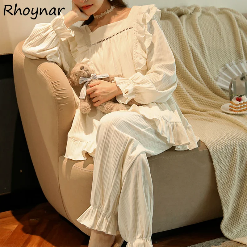 

Pajama Sets Women Sleepwear Soft Solid Autumn Lounge Long Sleeve Fashion Korean Style Cotton New Arrivals Female Sweet Classy