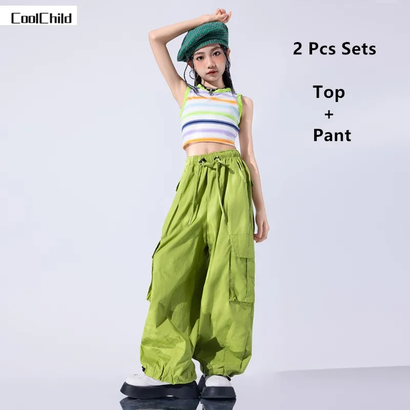 Girls Hip Hop Rainbow Striped Crop Tank Top Colorful Cargo Pants