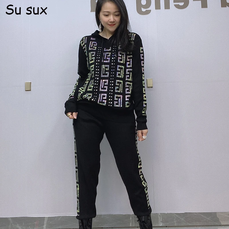 

Casual Sequins Hooded Knitted Sweater 2 Piece Set Women Outfits Pencil Pant Sets Long Sleeve Top Tracksuit Vestidos Sportwear