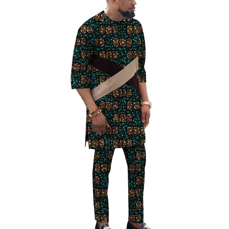 

Patchwork Shirts Nigerian Fashion Men's Half Sleeve Tops+Trousers Dashiki Print Male Pant Sets African Wedding Groom Suit