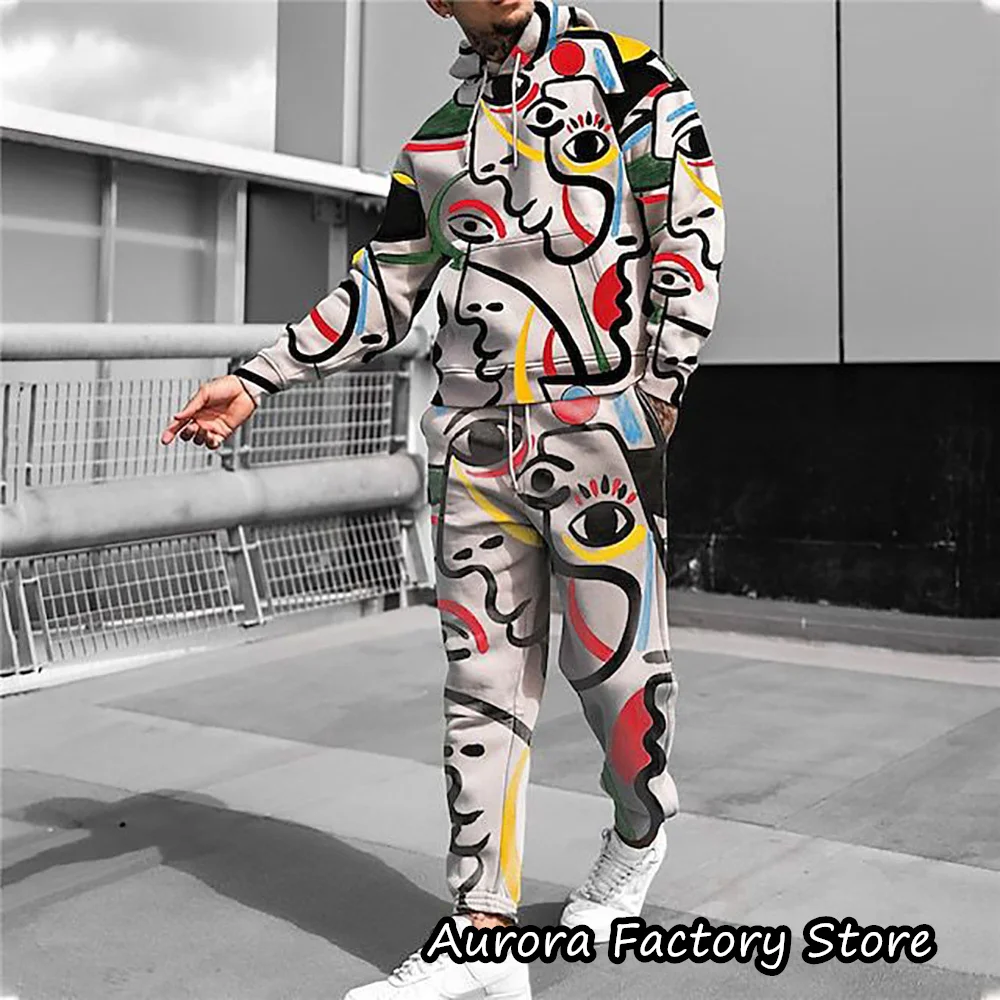 Men's Autumn Hoodie Set Artistic Graffiti Pattern Tracksuit Fashion Outfit 2 Pieces Long Sleeve Suit Male Clothing With Hat