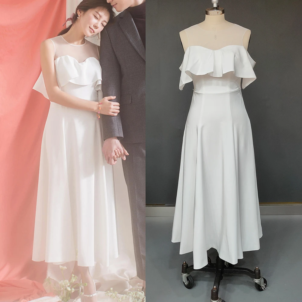 

Простое шифоновое свадебное платье до щиколотки, выполненное по индивидуальному заказу, с оборками, иллюзионное Тюлевое платье с круглым вырезом и открытыми плечами, минималистичное свадебное платье