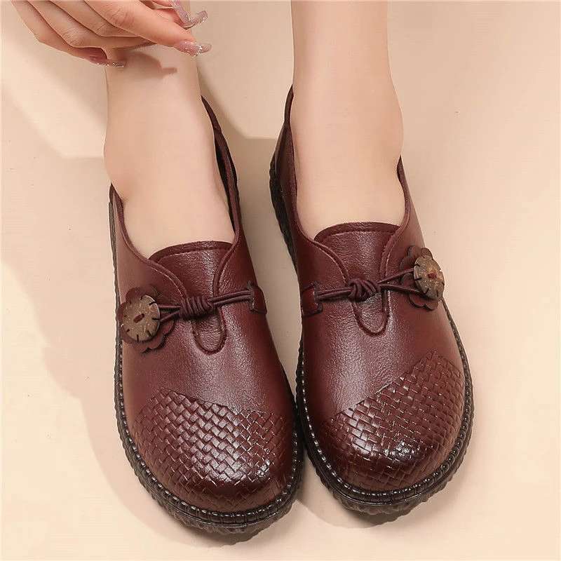 de piel auténtica de alta calidad para mujer, mocasines planos trenzados de talla grande 41, mocasines acogedores para madre abuela, suela suave| | - AliExpress