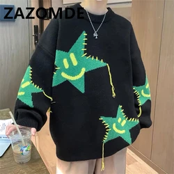 ZAZOMDE Autumn High Street Sweater Men Funny Star Jacquard Baggy Fashion Korean Loose Knitwear Pullover Couple Clothes Top Male