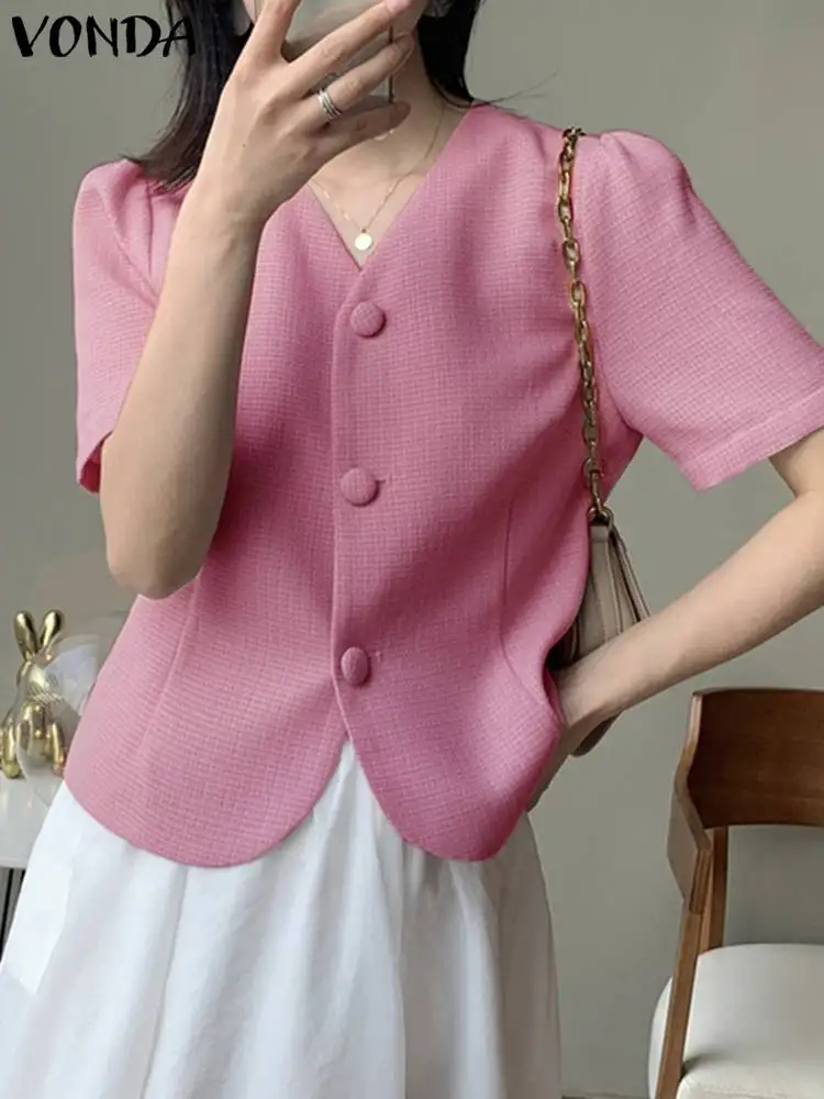 

Women Casual Coats VONDA Elegant Office Blazer 2023 Summer Solid Color Sexy V-Neck Buttons Short Sleeve Party Outcoats Femininas