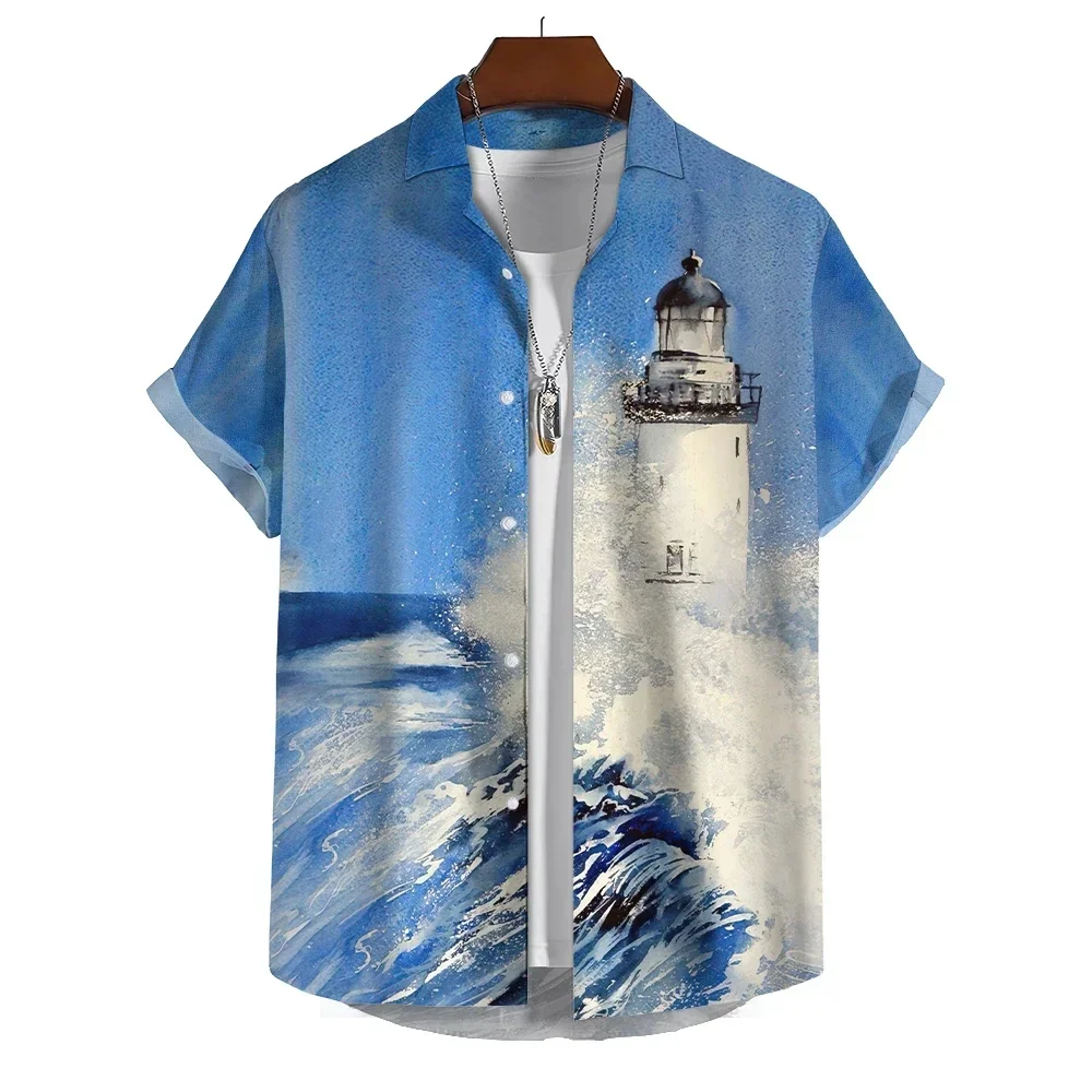 

Summer New Men's Short Sleeve Shirts Lighthouse Print Casual Men's Lapel Tops Large Size Fashionable Men's Shirts Comfortable