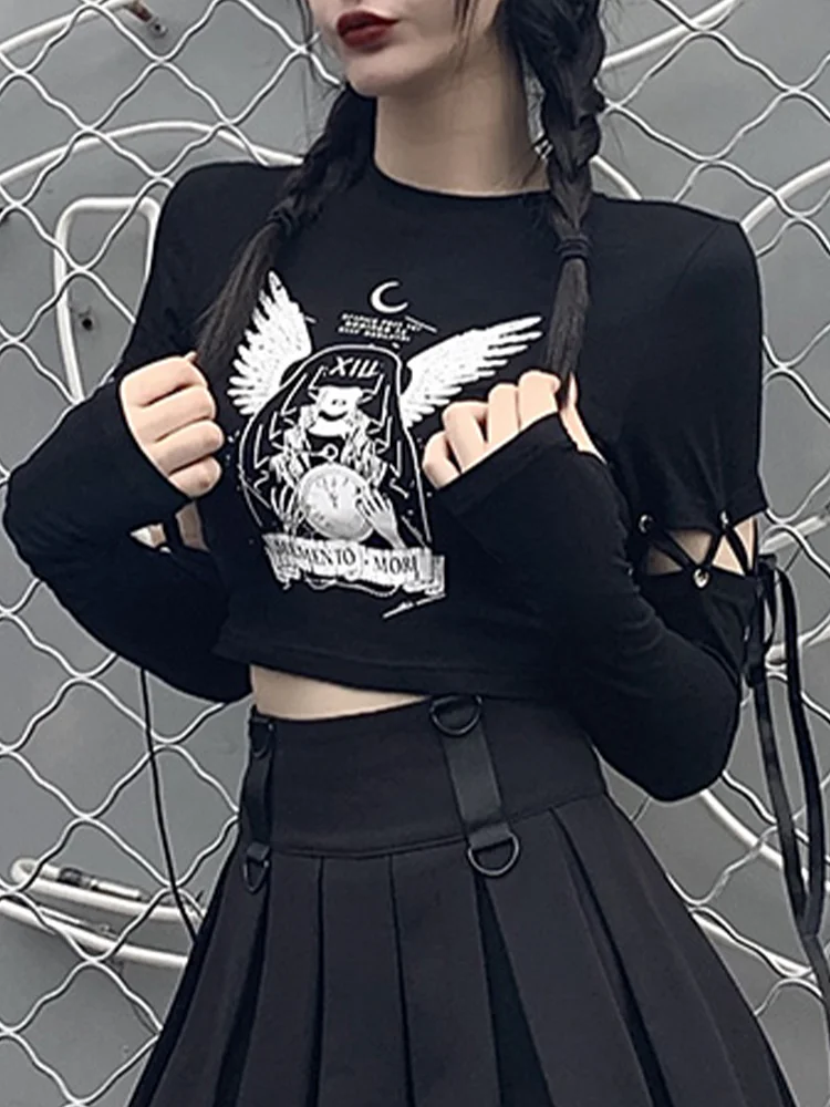 

Witch Print Black Bodycon Tops Women Gothic Harajuku Punk Patchwork Long Sleeve Slim T-shirts Fashion Autumn Female Top