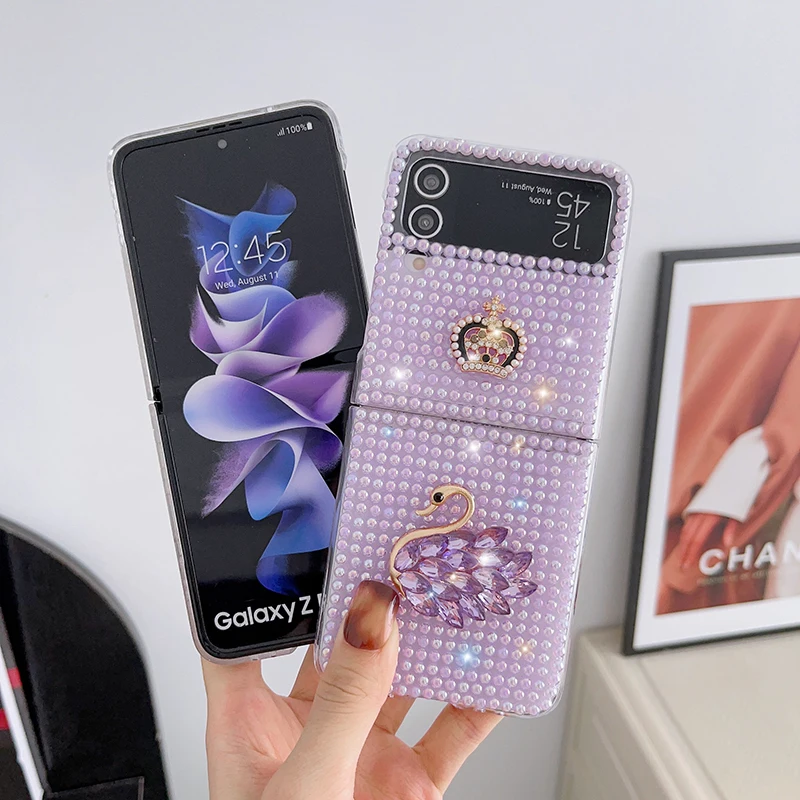 Case For Samsung Galaxy Z Flip 4 Z Flip 3 DIY Sparkling Pearl Crown Swan Hard Mobile Phone Case Cover