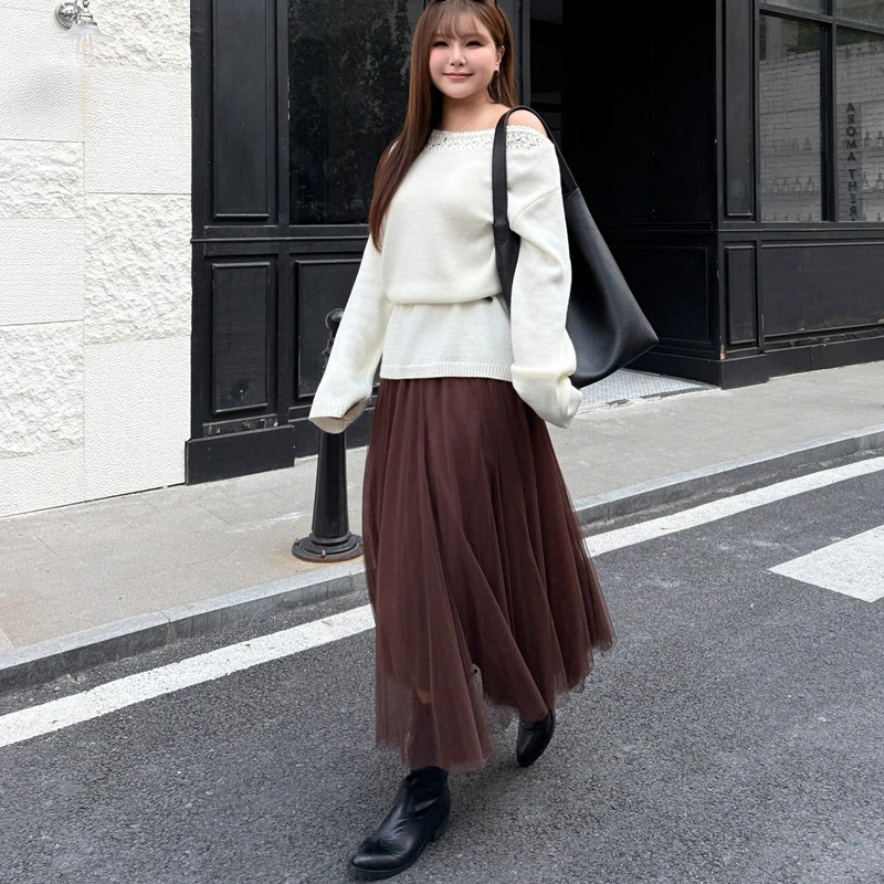 XXXL Fashion Plus Size Women Mesh Skirt Premium Elastic Waist Romantic Coffee Solid Color Bottoms For Autumn Winter 8264