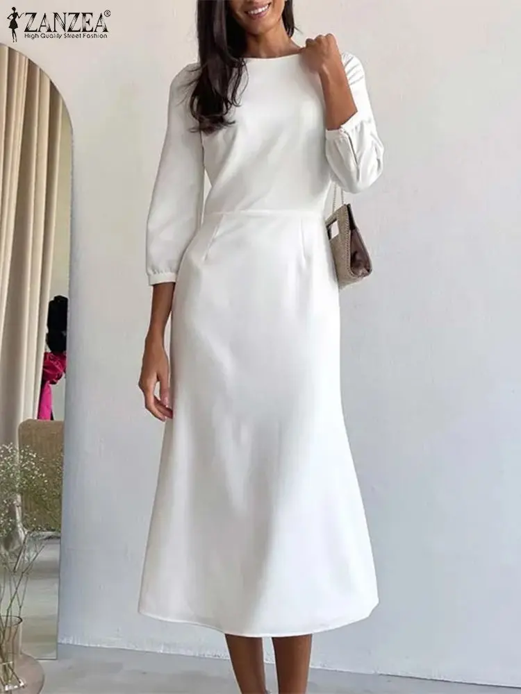 

Women Party Midi Dress ZANZEA 2023 Autumn 3/4 Puff Sleeve Robe Elegant O-Neck White Dresses Fashion Collect Waist A Line Vestido