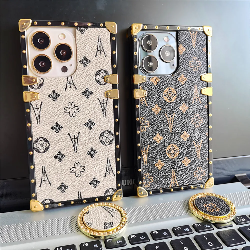 Luxury Brand Vintage Geometric Pattern Cover Square Leather Phone