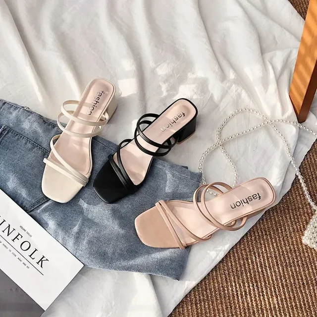 Sandales à talons carrés pour femmes, pantoufles d'été élégantes à l'extérieur, diapositives en cuir nouées en croix, à la mode, 2024 1
